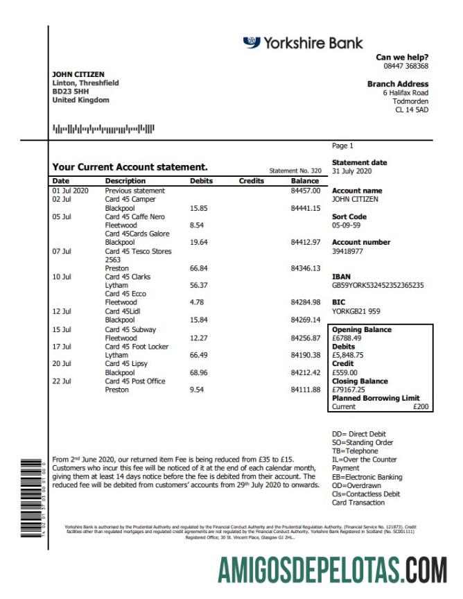 Modelo realista de extrato bancário de Yorkshire do Reino Unido em formato Word e PDF, Good For Address Prove